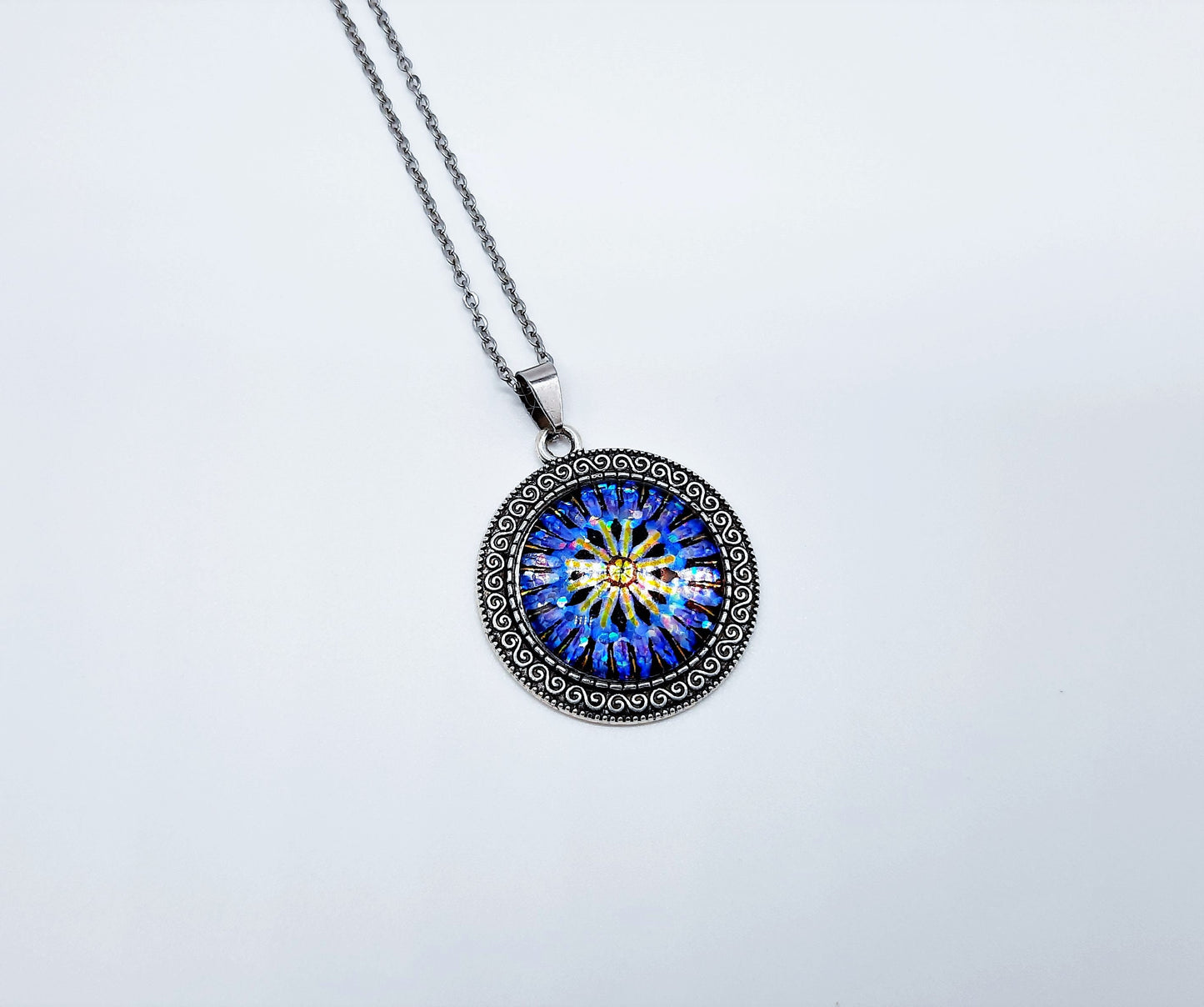 Handcrafted Glitter Mandala Pattern Design - Glass Cabochon Stainless Steel - Tibetan Style or Plain Pendant Necklace - Alloy, Silver Plated