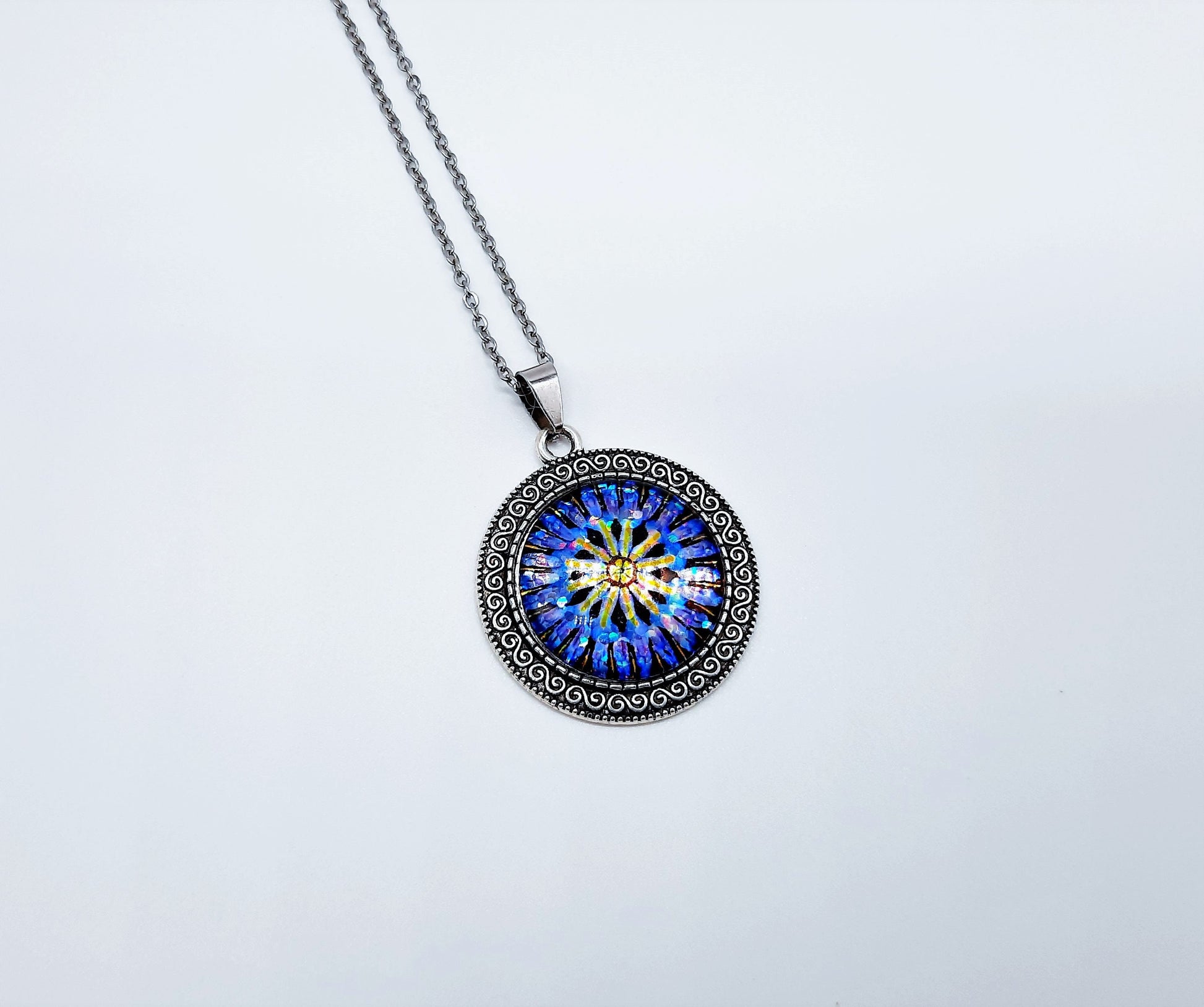 Handcrafted Glitter Mandala Pattern Design - Glass Cabochon Stainless Steel - Tibetan Style or Plain Pendant Necklace - Alloy, Silver Plated