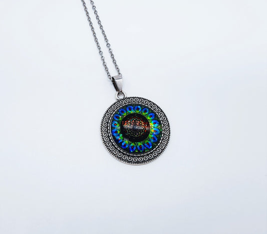 Handcrafted Glitter Mandala Pattern Design - Glass Cabochon Stainless Steel - Tibetan Style or Plain Pendant Necklace - Alloy, Silver Plated