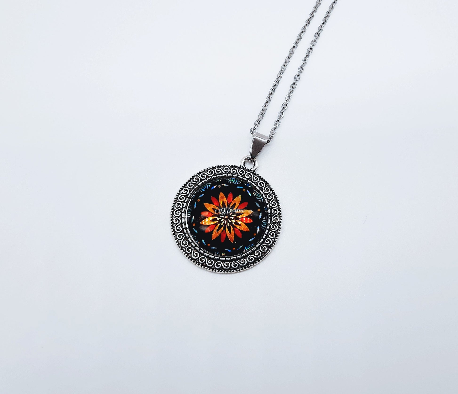 Handcrafted Glitter Mandala Pattern Design - Glass Cabochon Stainless Steel - Tibetan Style or Plain Pendant Necklace - Alloy, Silver Plated