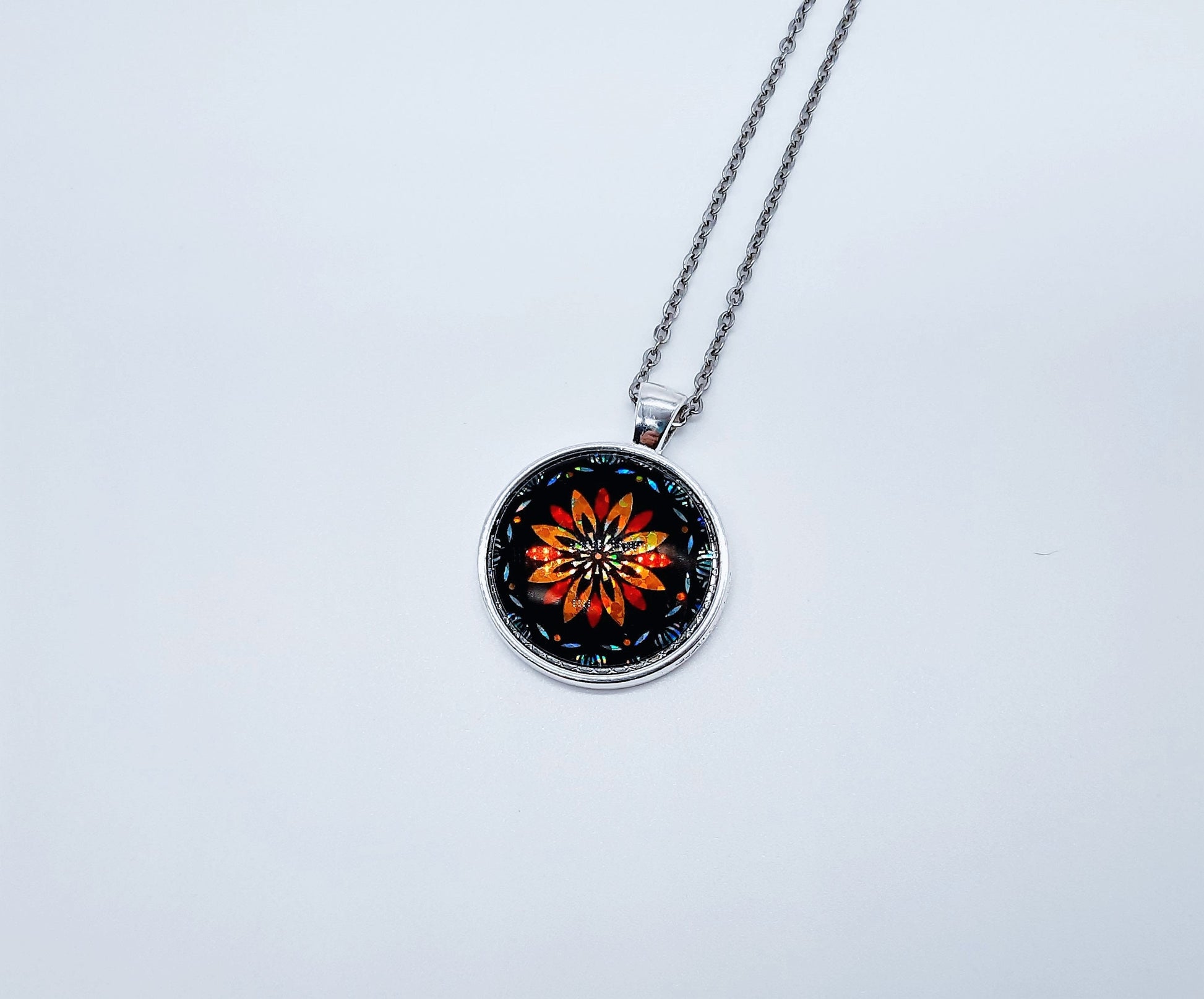 Handcrafted Glitter Mandala Pattern Design - Glass Cabochon Stainless Steel - Tibetan Style or Plain Pendant Necklace - Alloy, Silver Plated