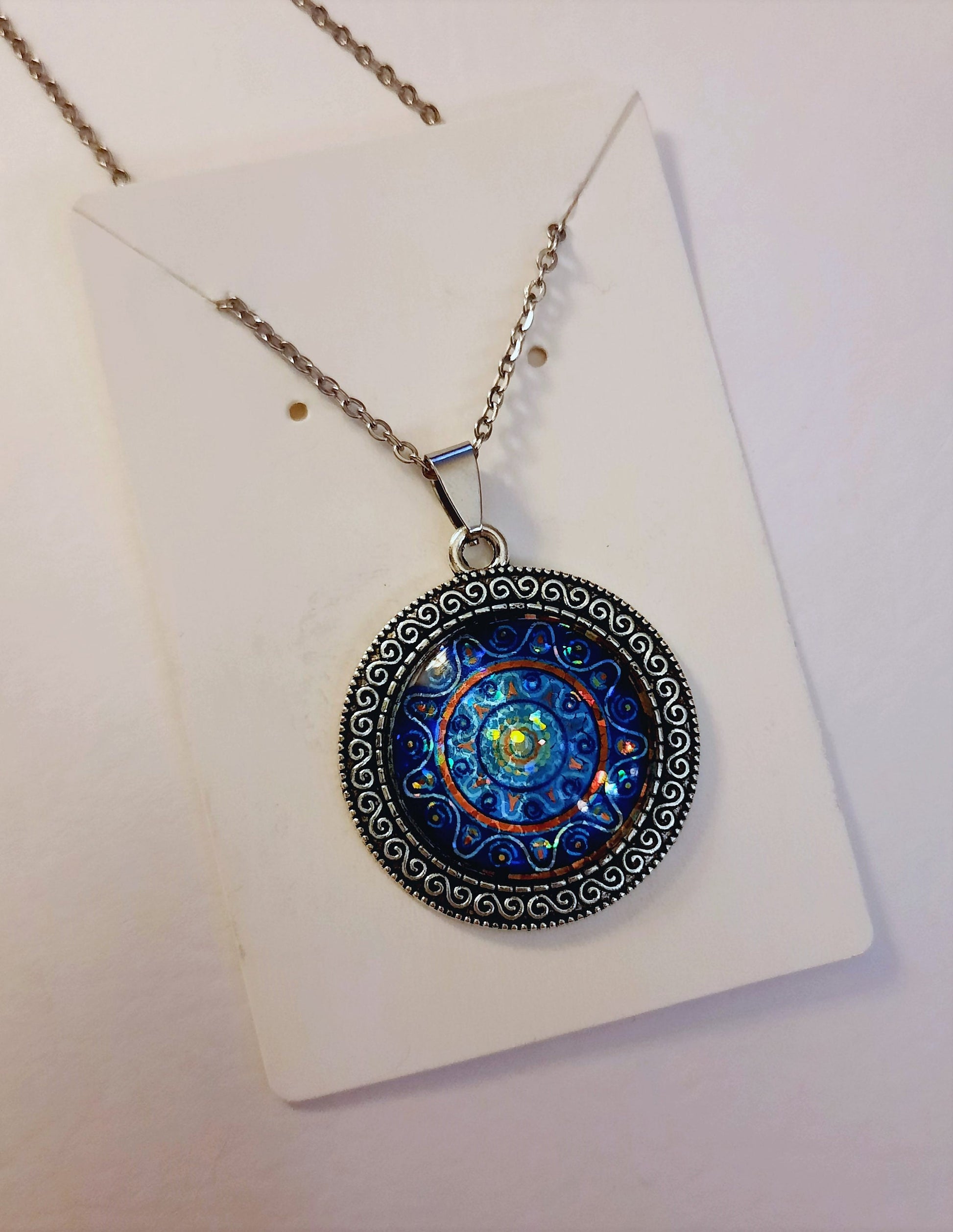 Handcrafted Glitter Mandala Pattern Design - Glass Cabochon Stainless Steel - Tibetan Style or Plain Pendant Necklace - Alloy, Silver Plated