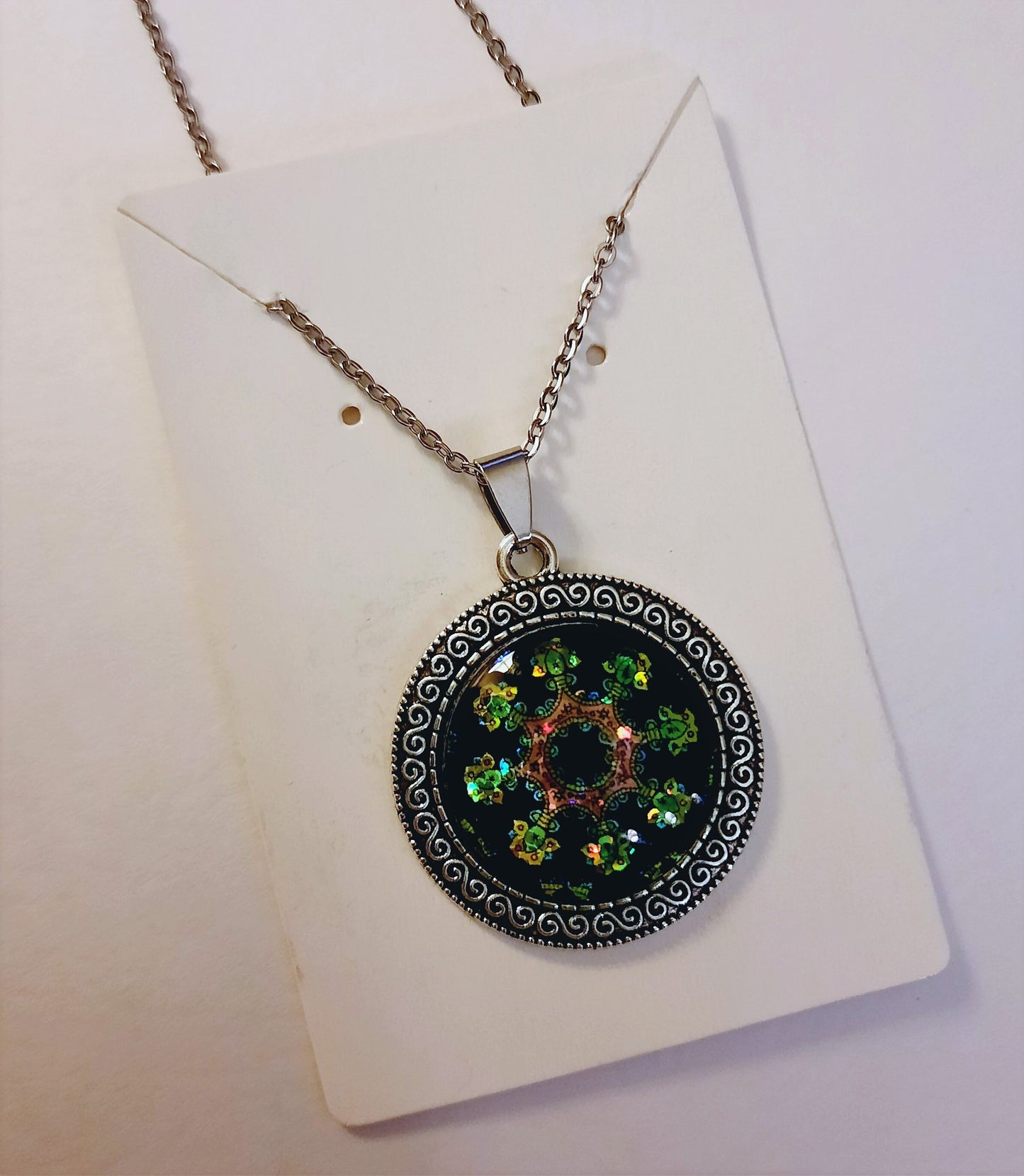 Handcrafted Glitter Mandala Pattern Design - Glass Cabochon Stainless Steel - Tibetan Style or Plain Pendant Necklace - Alloy, Silver Plated