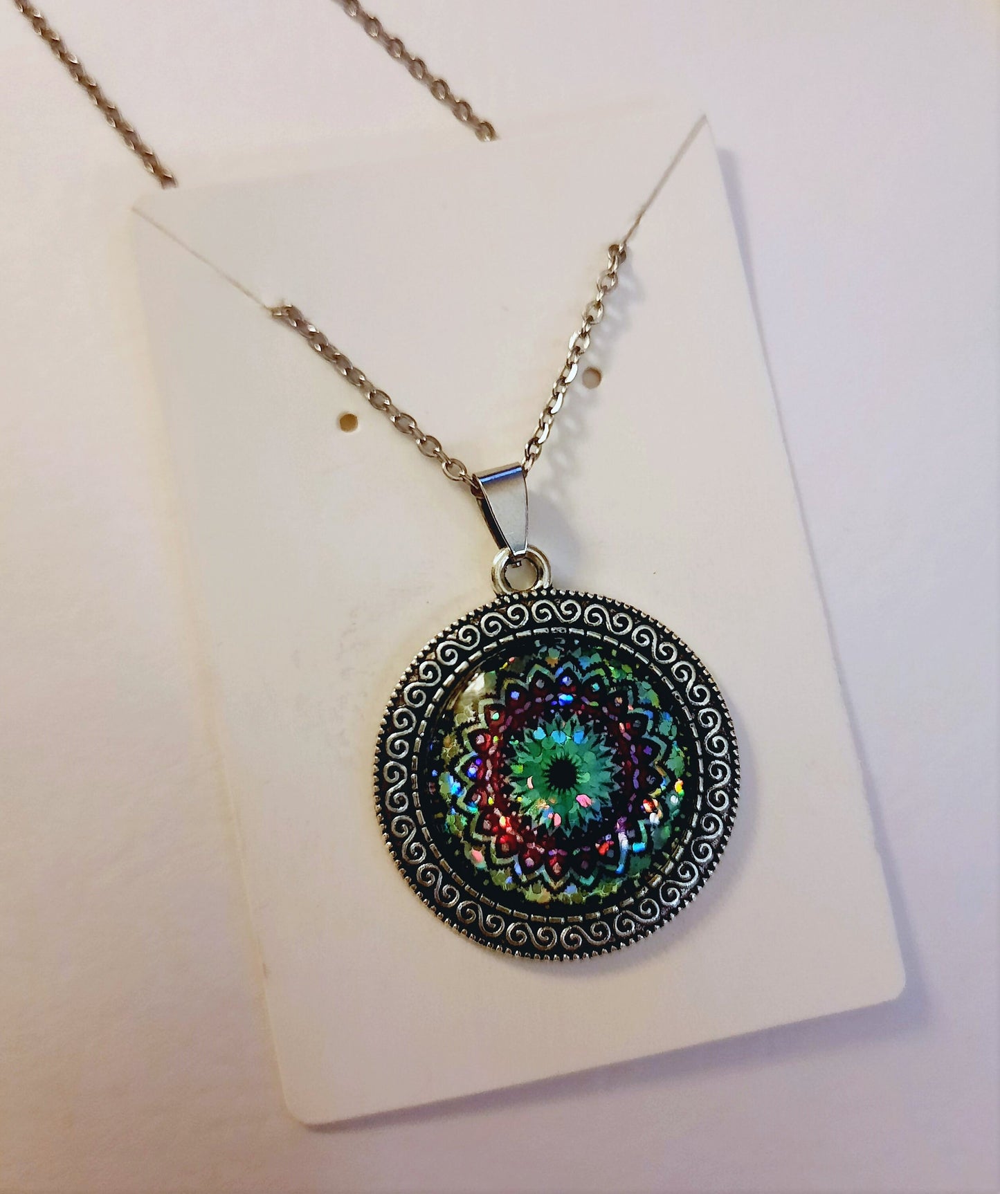 Handcrafted Glitter Mandala Pattern Design - Glass Cabochon Stainless Steel - Tibetan Style or Plain Pendant Necklace - Alloy, Silver Plated