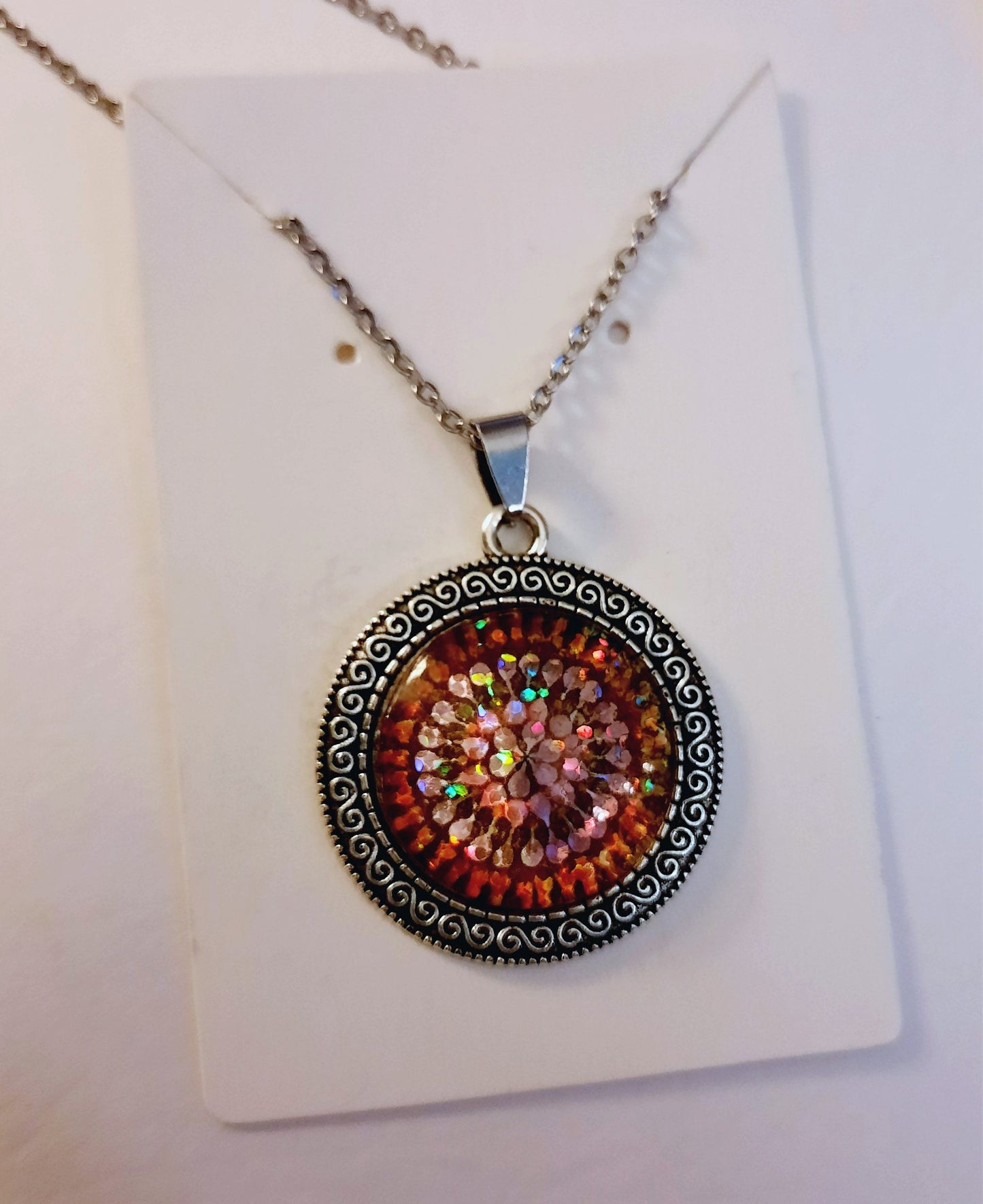 Handcrafted Glitter Mandala Pattern Design - Glass Cabochon Stainless Steel - Tibetan Style or Plain Pendant Necklace - Alloy, Silver Plated