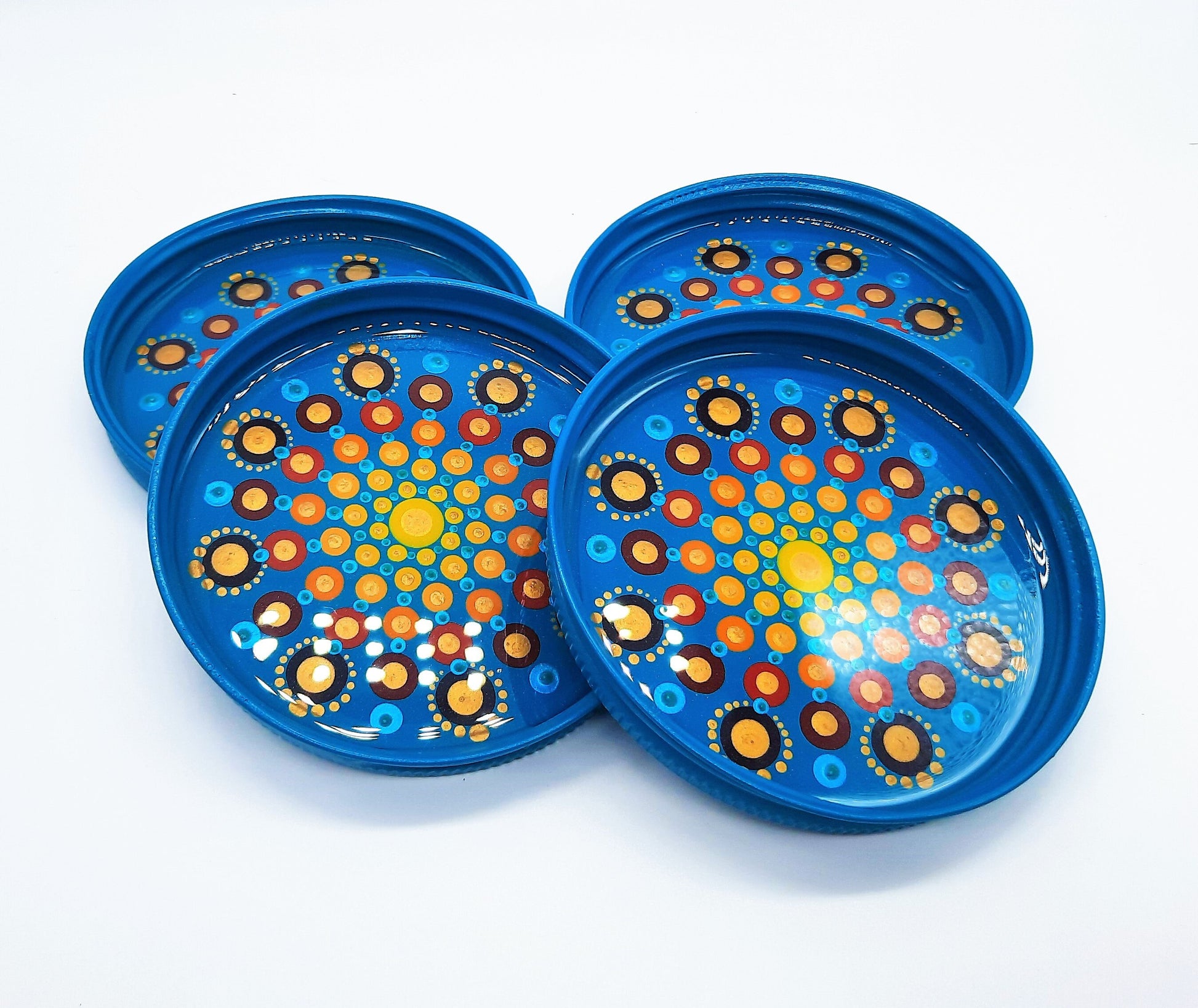 Eco-Friendly Dot Mandala Mason Jar Lid Coasters (Set of 4), Hand-painted, One of a Kind, Sealed with Resin