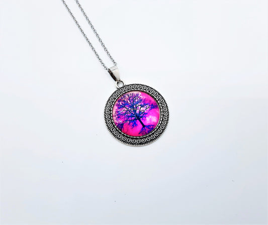 Tree of Life Glass Cabochon and Metal Pendant Necklace