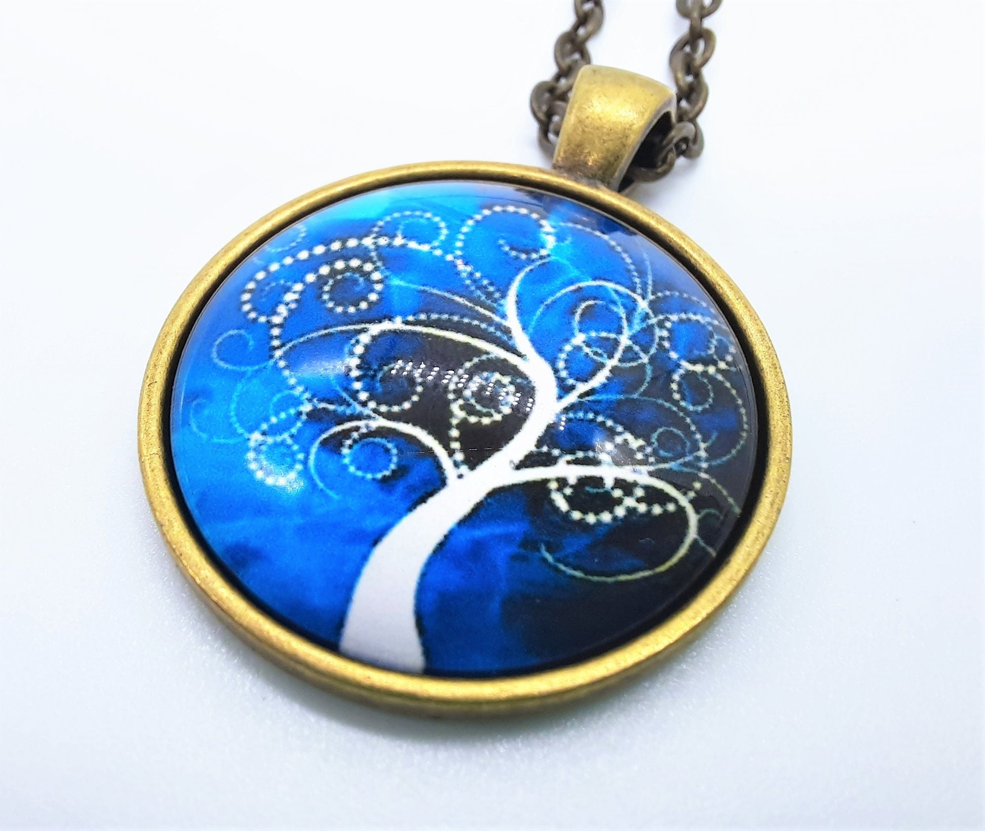 Tree of Life Glass Cabochon and Metal Pendant Necklace