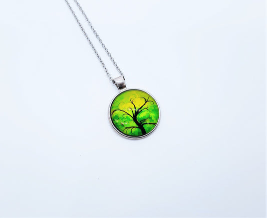 Tree of Life Glass Cabochon and Metal Pendant Necklace