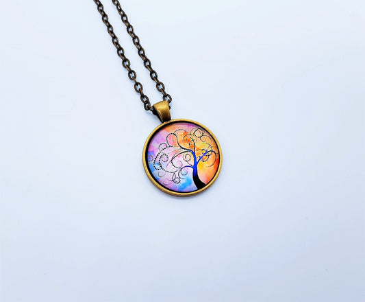 Tree of Life Glass Cabochon and Metal Pendant Necklace