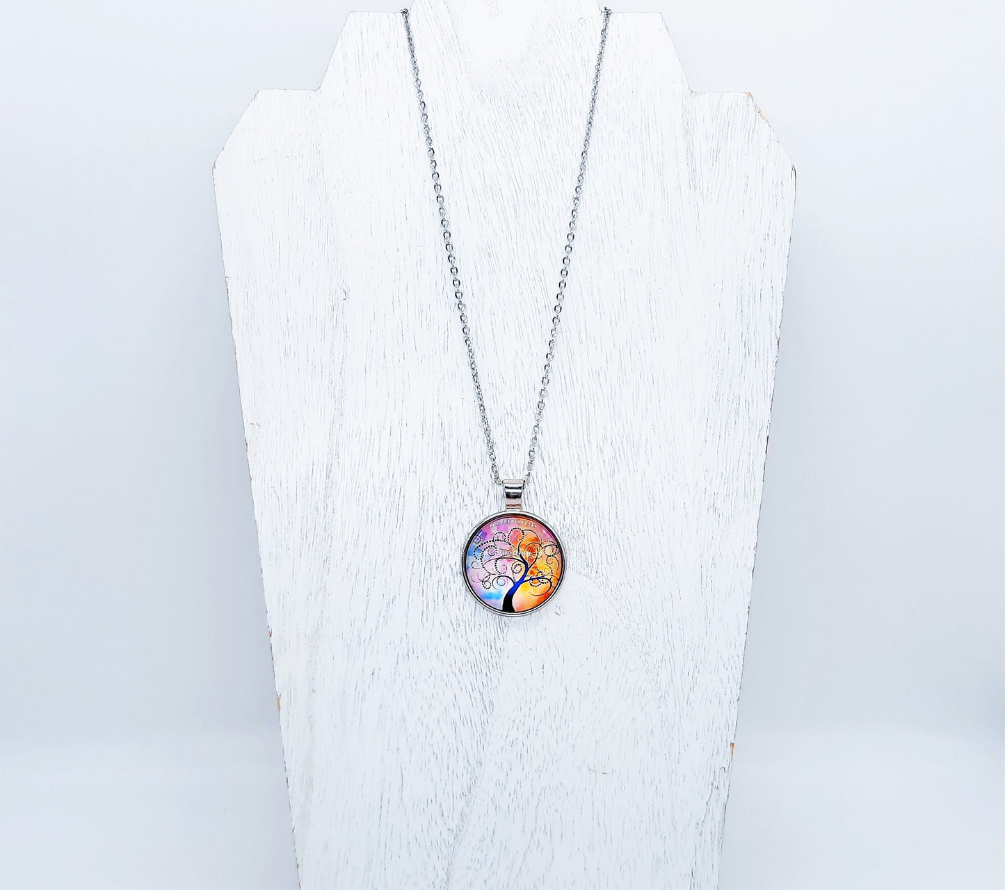 Tree of Life Glass Cabochon and Metal Pendant Necklace