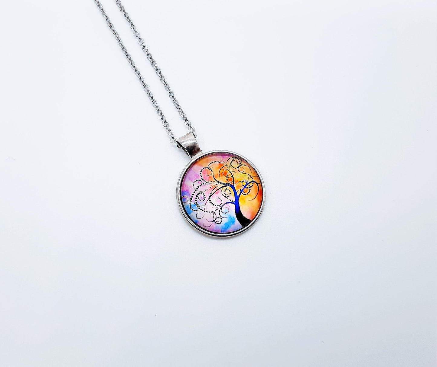 Tree of Life Glass Cabochon and Metal Pendant Necklace