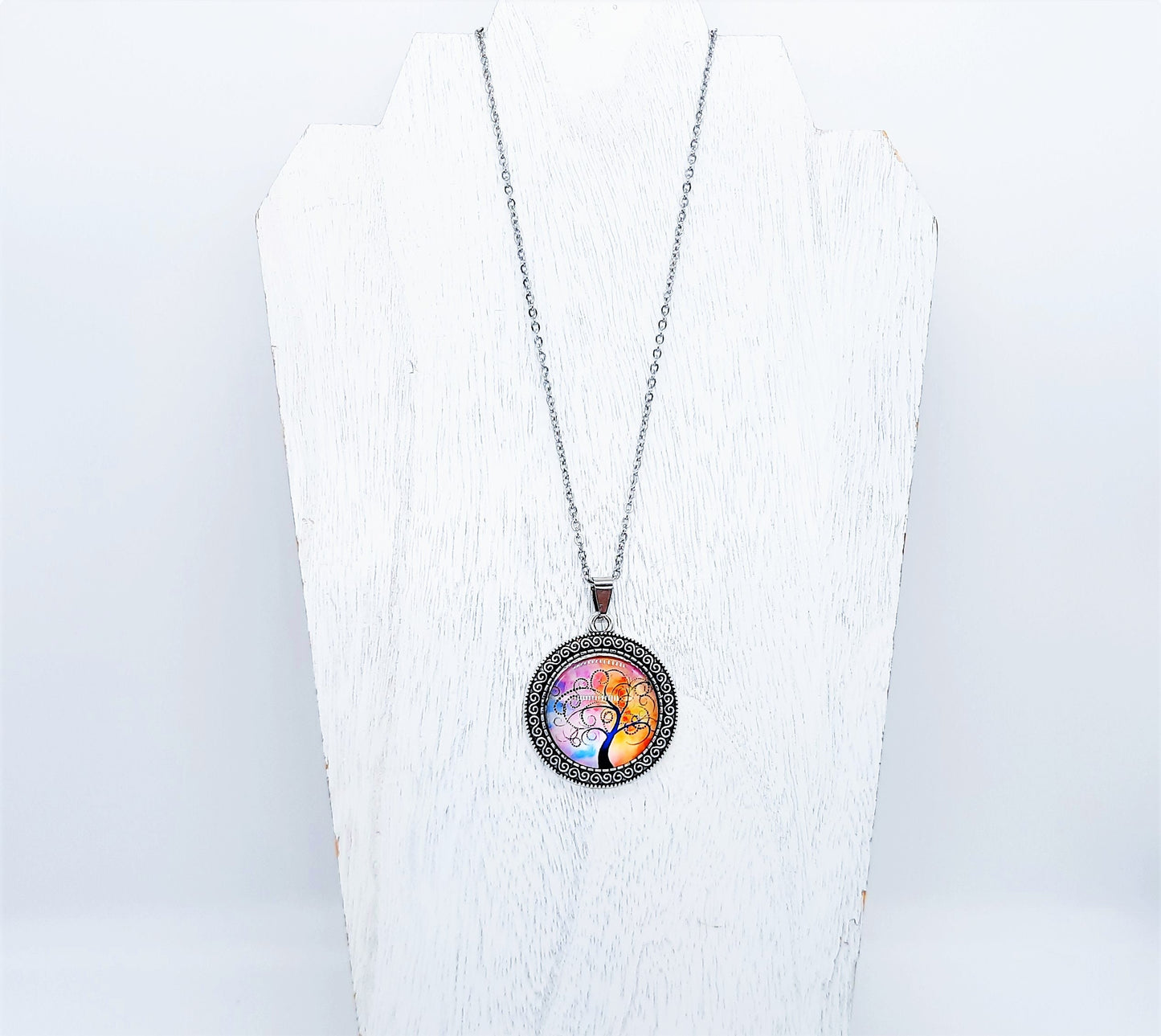 Tree of Life Glass Cabochon and Metal Pendant Necklace