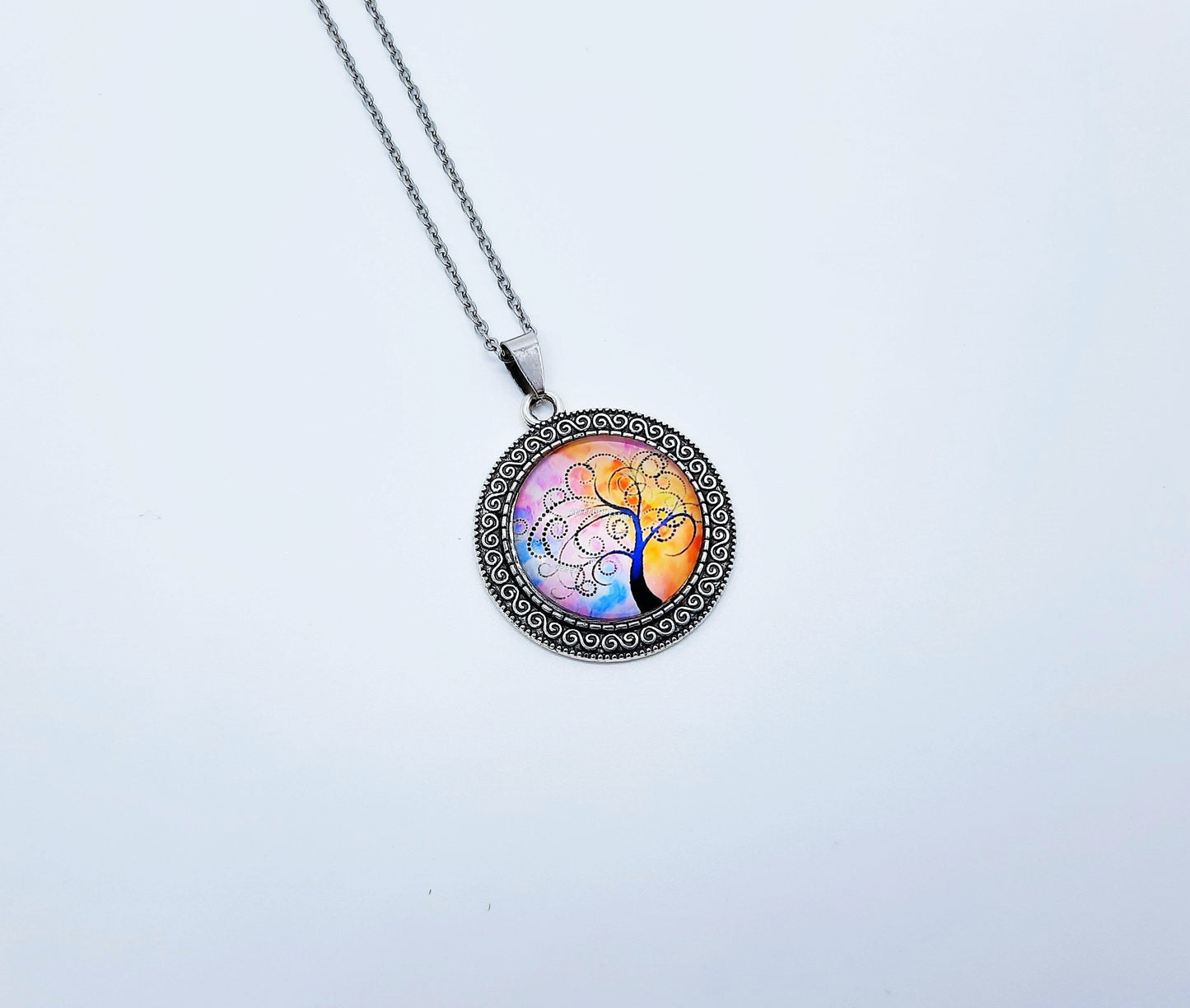 Tree of Life Glass Cabochon and Metal Pendant Necklace