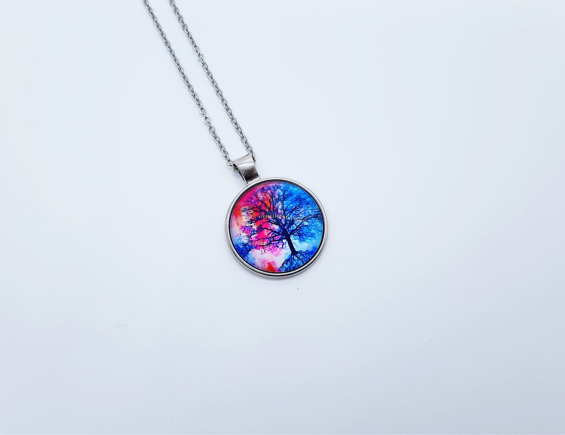 Tree of Life Glass Cabochon and Metal Pendant Necklace