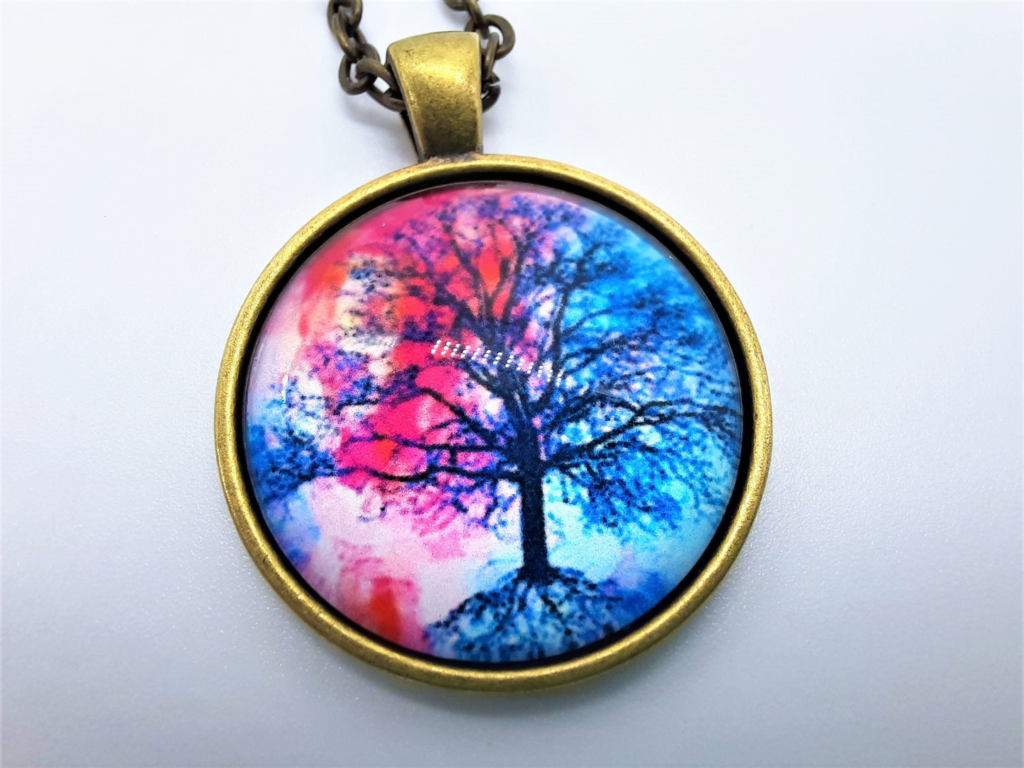 Tree of Life Glass Cabochon and Metal Pendant Necklace