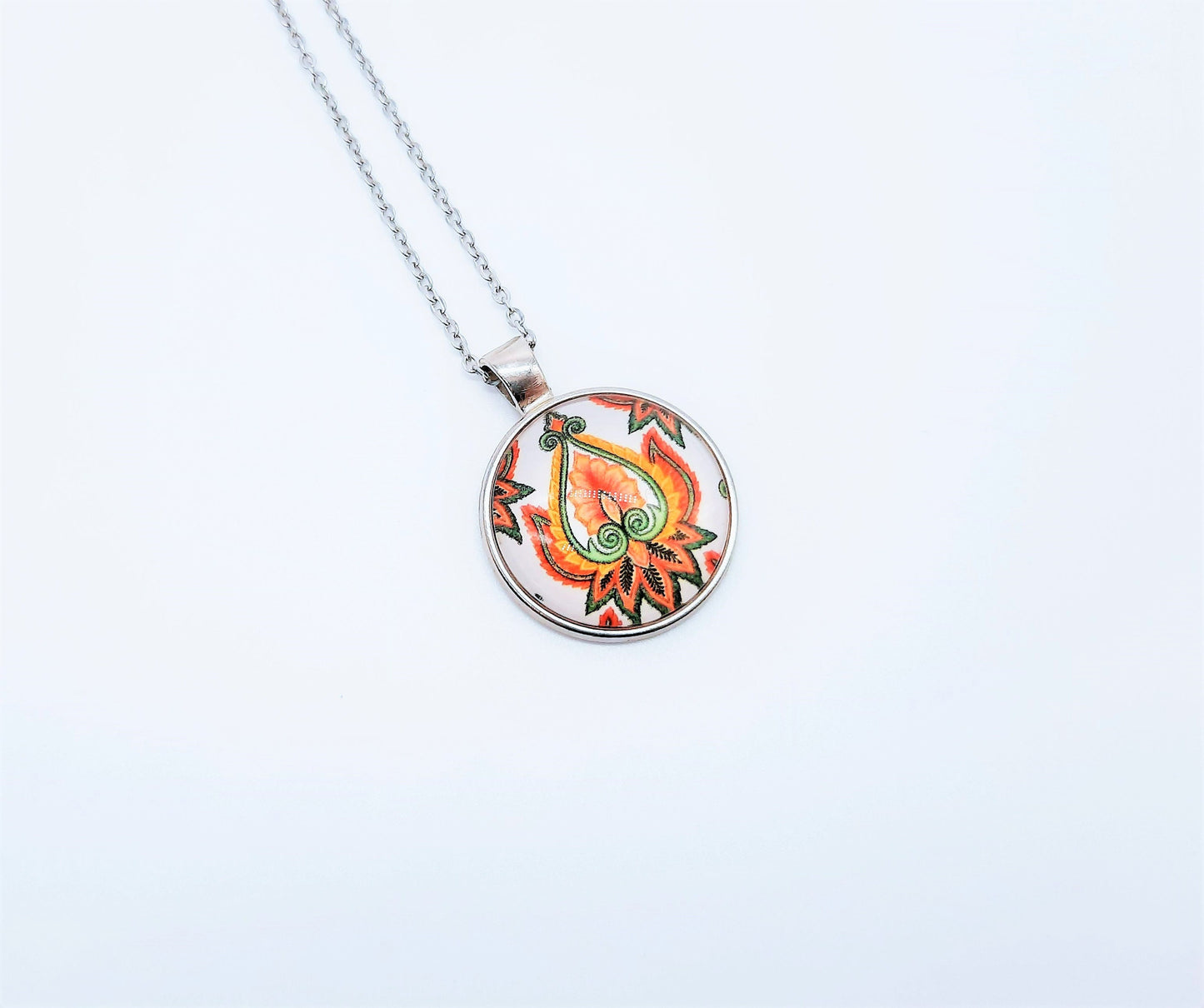 Lotus Flower Glass Cabochon and Metal Pendant Necklace