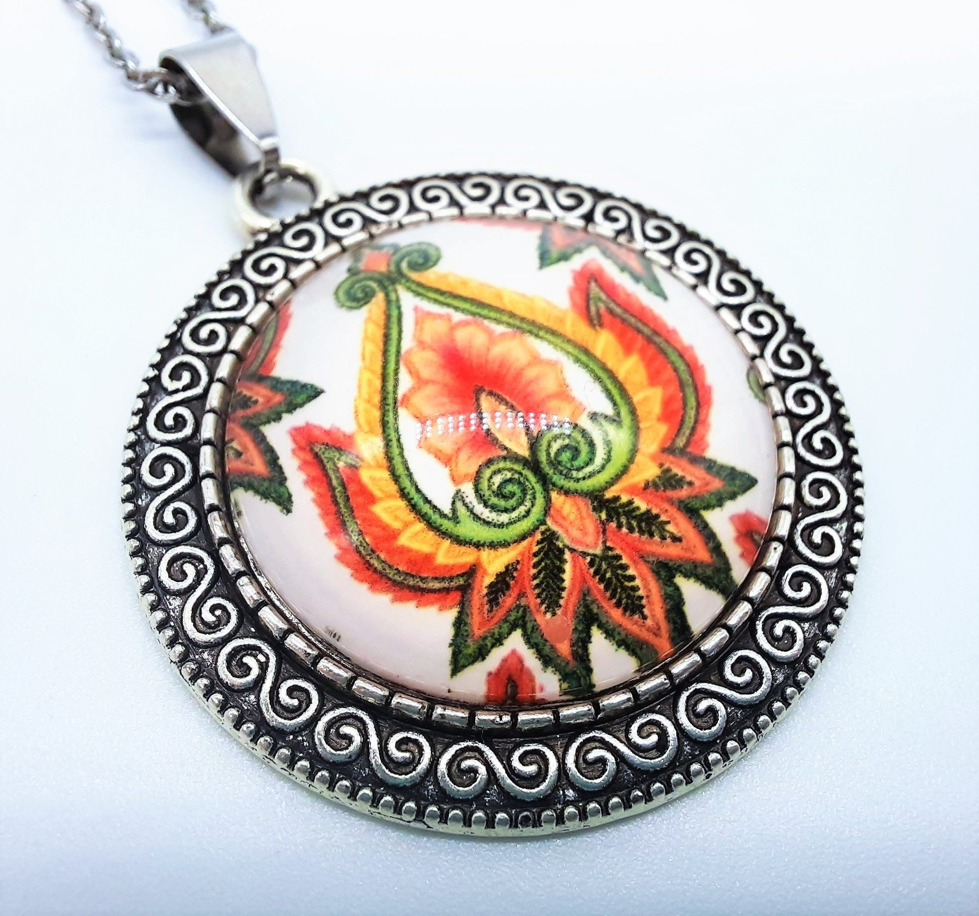 Lotus Flower Glass Cabochon and Metal Pendant Necklace