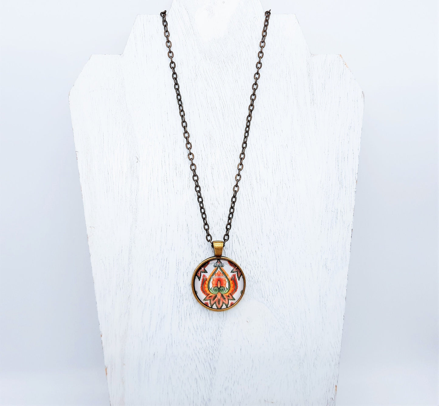 Lotus Flower Glass Cabochon and Metal Pendant Necklace