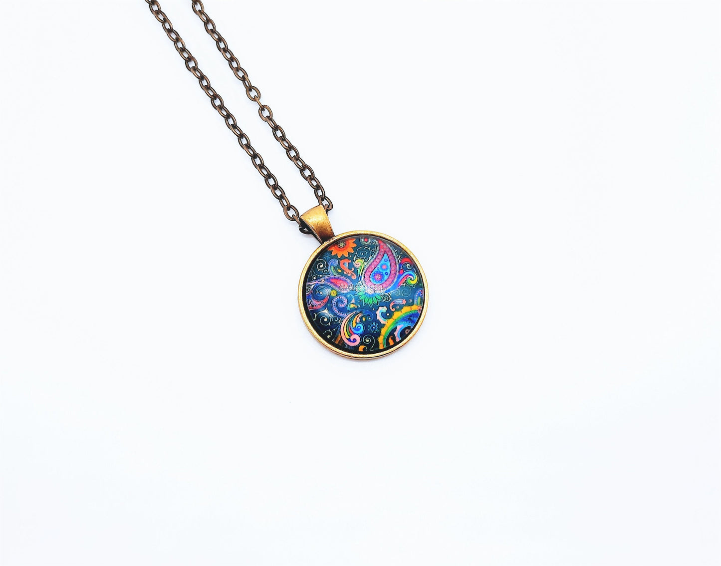 Paisley Glass Cabochon and Metal Pendant Necklace