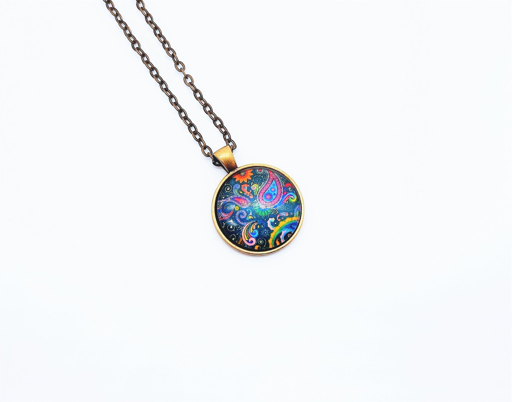 Paisley Glass Cabochon and Metal Pendant Necklace