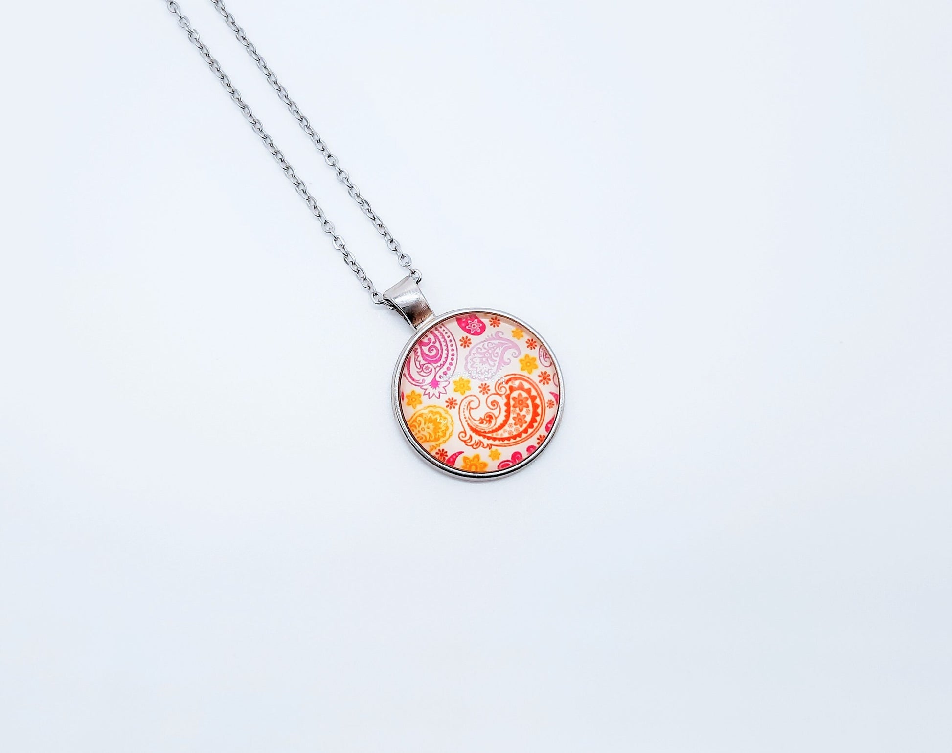 Paisley Glass Cabochon and Metal Pendant Necklace