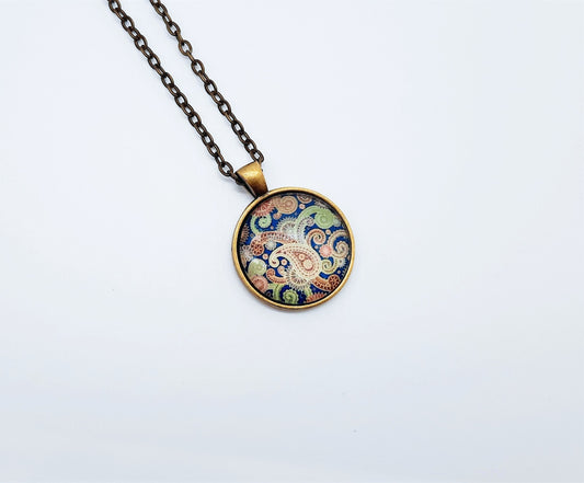 Paisley Glass Cabochon and Metal Pendant Necklace