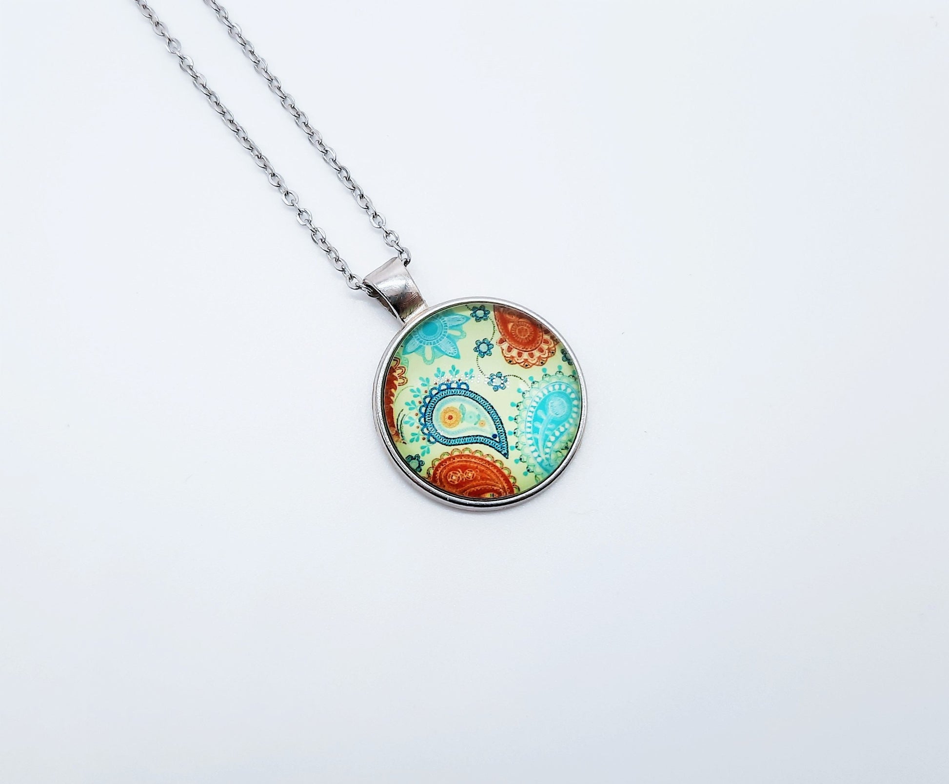 Paisley Glass Cabochon and Metal Pendant Necklace