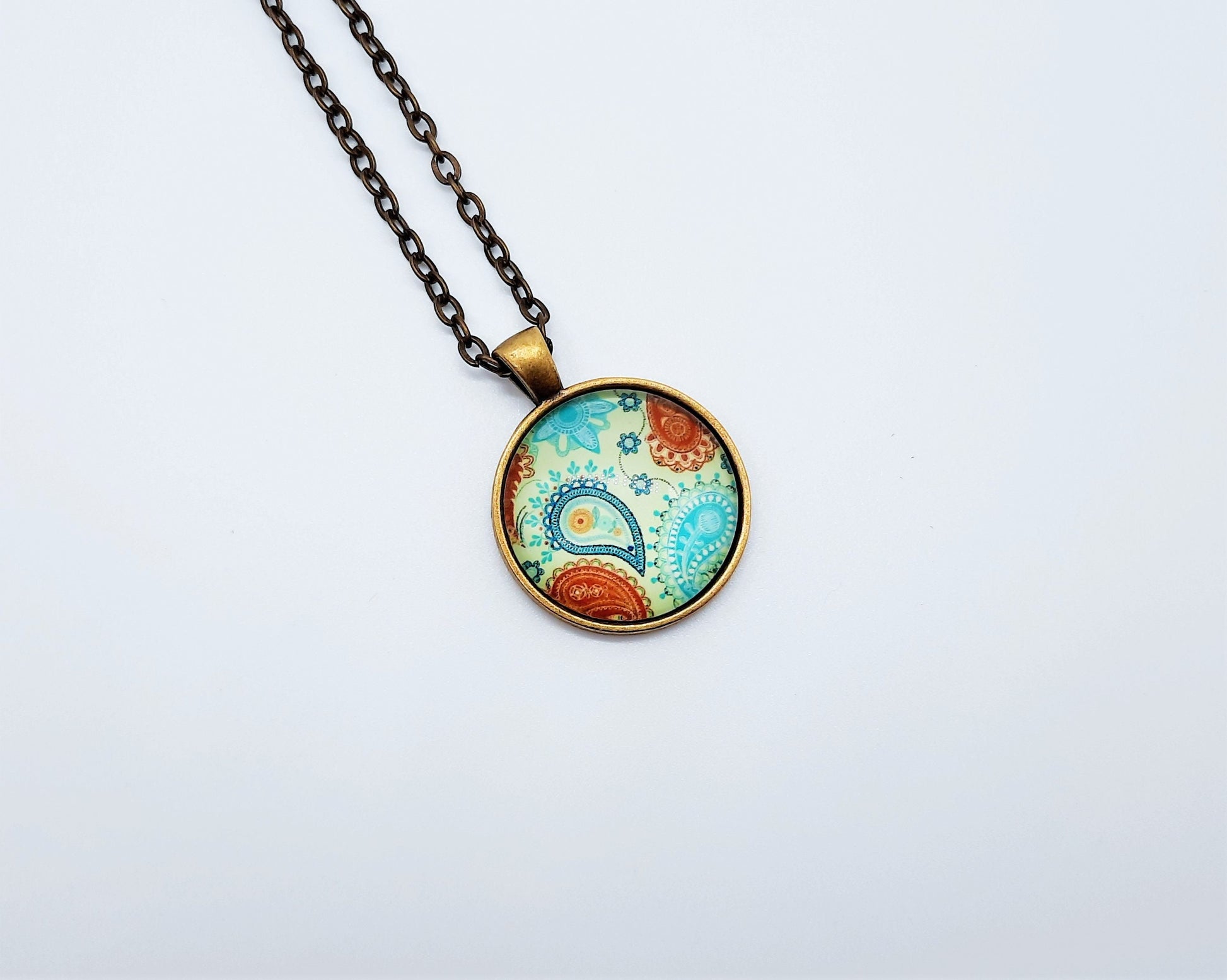 Paisley Glass Cabochon and Metal Pendant Necklace