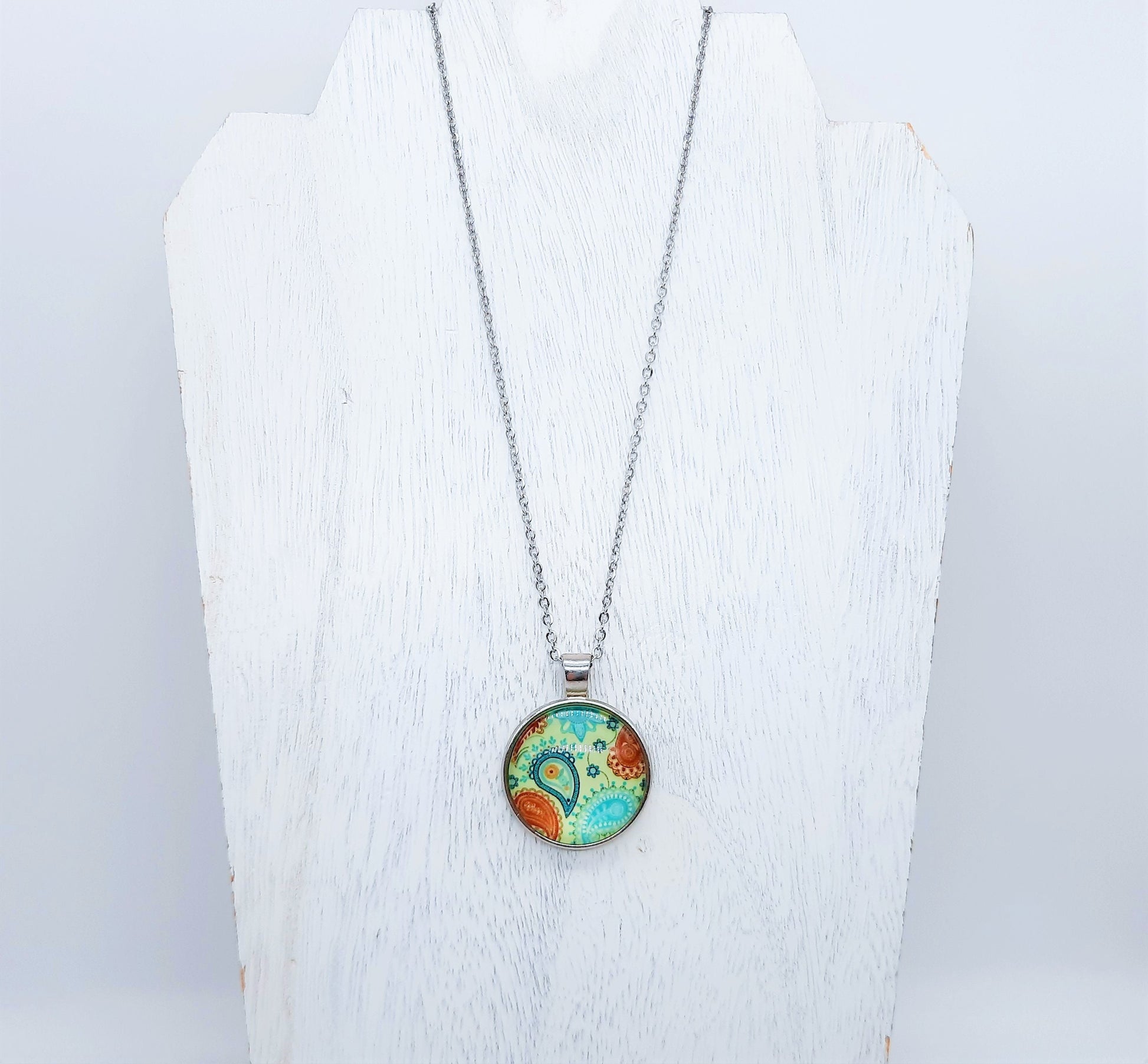 Paisley Glass Cabochon and Metal Pendant Necklace