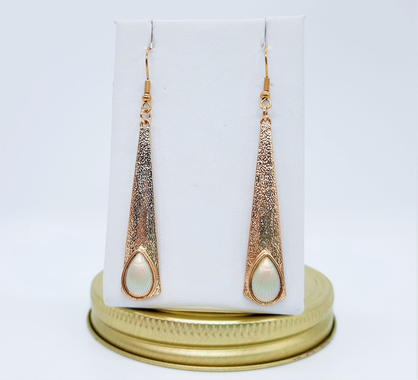 Handmade / Handcrafted Iridescent Pearlescent Shell Gold Dangle Pendant Earrings - Hypoallergenic 18K Gold Plated Stainless Steel Ear Hooks