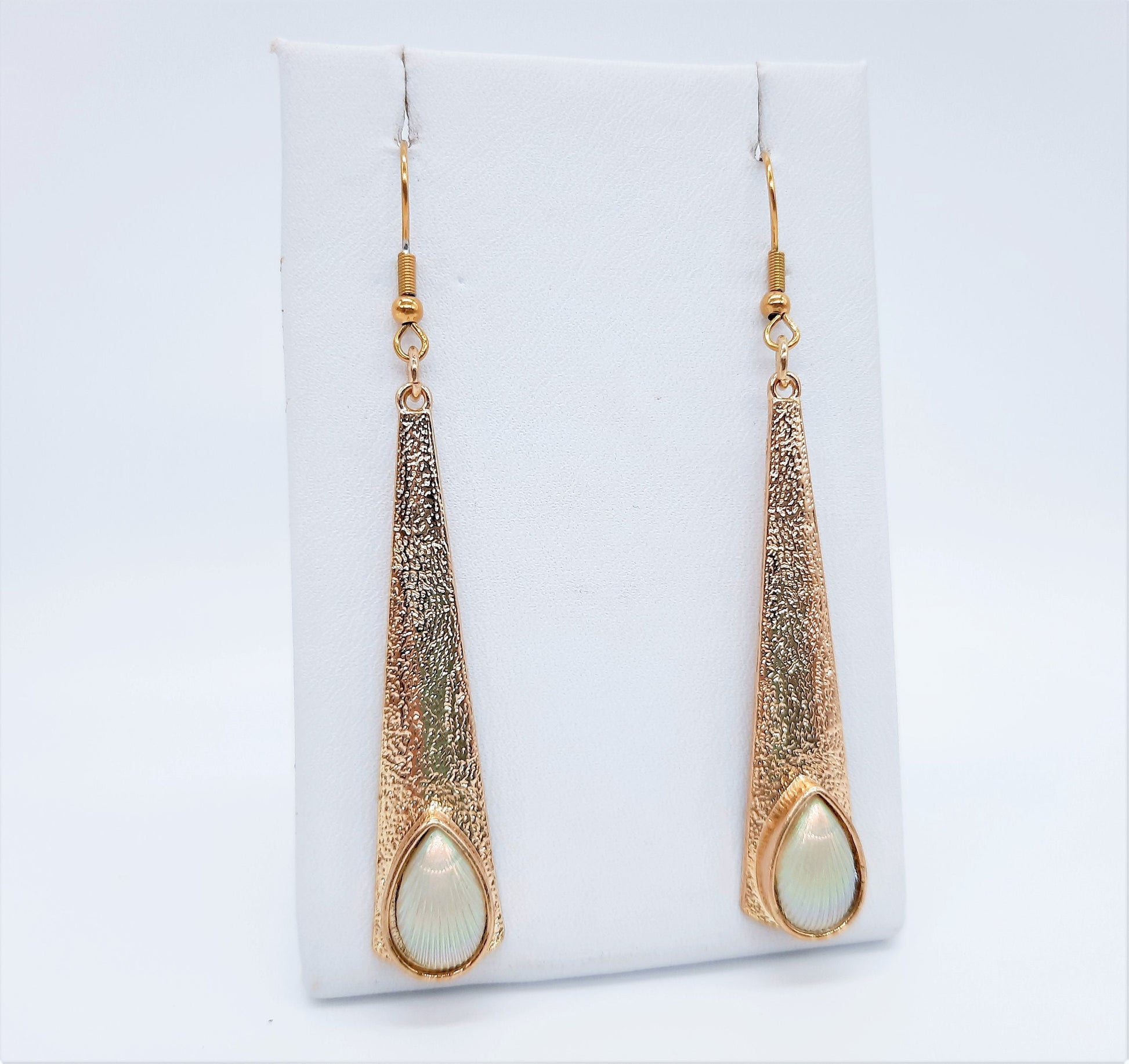 Handmade / Handcrafted Iridescent Pearlescent Shell Gold Dangle Pendant Earrings - Hypoallergenic 18K Gold Plated Stainless Steel Ear Hooks