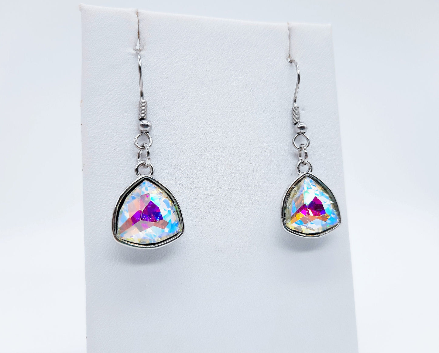 Handmade / Handcrafted Multifaceted Aurora Borealis Rhinestone Triangle Pendant Earrings - Hypoallergenic Stainless Steel Ear Wire Hooks