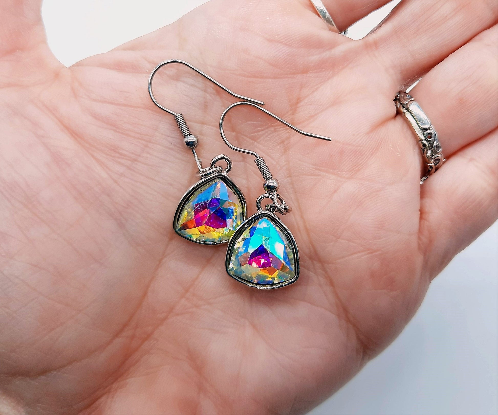 Handmade / Handcrafted Multifaceted Aurora Borealis Rhinestone Triangle Pendant Earrings - Hypoallergenic Stainless Steel Ear Wire Hooks