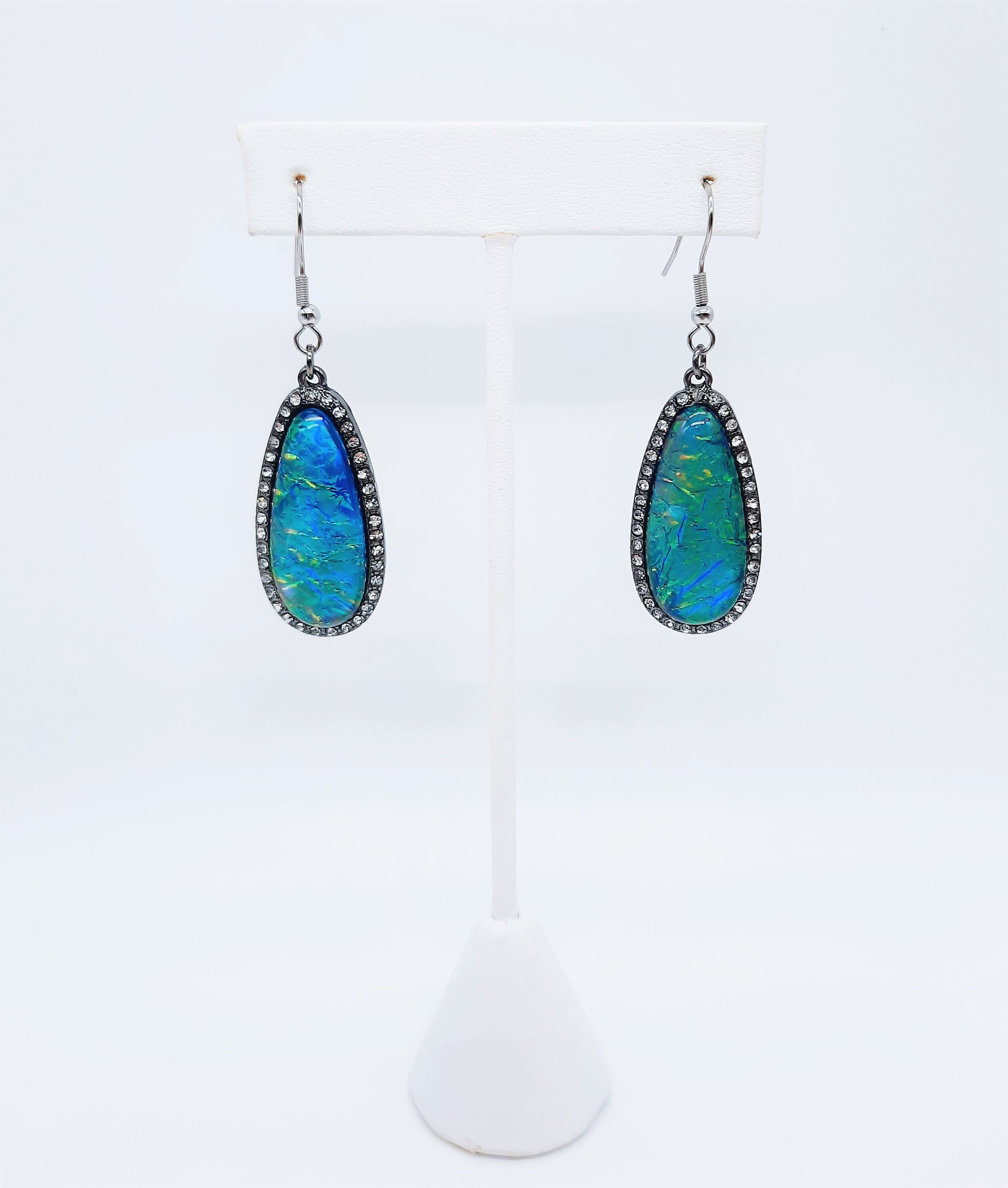 Handmade / Handcrafted Opal (like) Blue Green Sparkle Teardrop Pendant Earrings / Hypoallergenic Stainless Steel Ear Wire Hooks