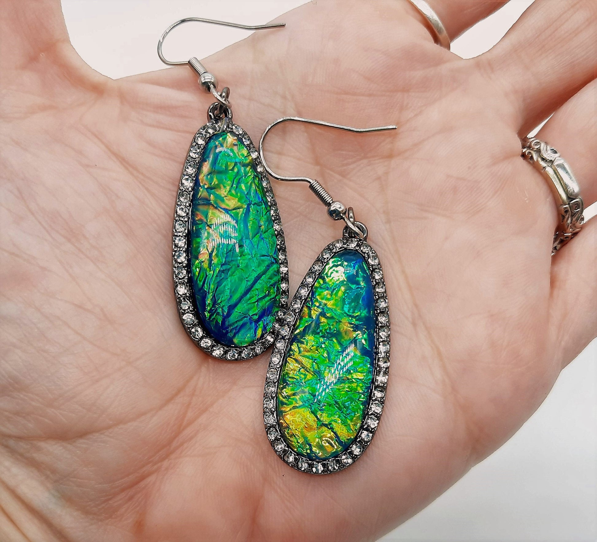 Handmade / Handcrafted Opal (like) Blue Green Sparkle Teardrop Pendant Earrings / Hypoallergenic Stainless Steel Ear Wire Hooks