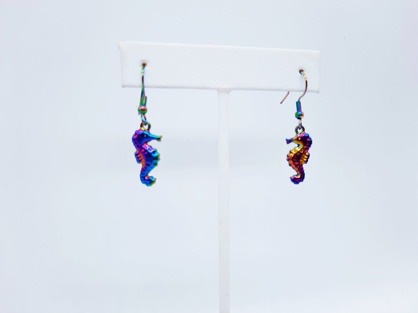 Handcrafted Rainbow Chromium Iridescent Sea Horse / Seahorse Dangle Earrings / Made with Hypoallergenic Stainless Steel Ear Wire Hooks