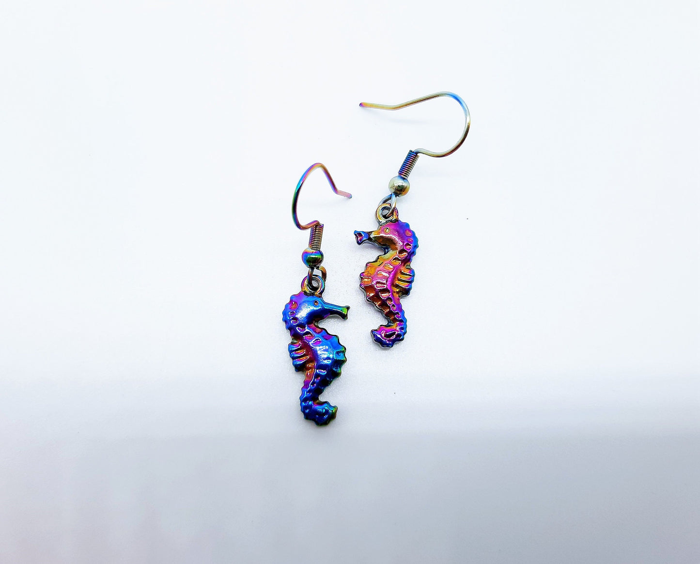 Handcrafted Rainbow Chromium Iridescent Sea Horse / Seahorse Dangle Earrings / Made with Hypoallergenic Stainless Steel Ear Wire Hooks