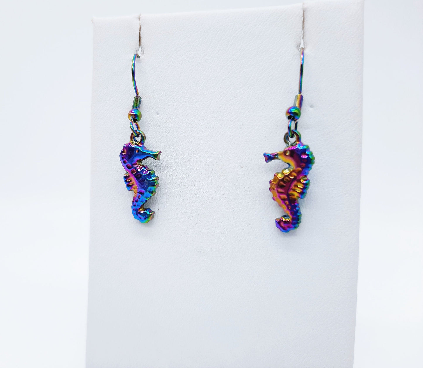 Handcrafted Rainbow Chromium Iridescent Sea Horse / Seahorse Dangle Earrings / Made with Hypoallergenic Stainless Steel Ear Wire Hooks