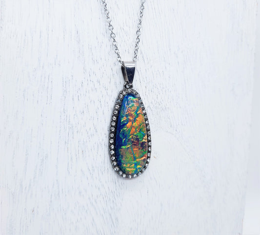 Translucent Glittery Opal (like) Blue Green Teardrop Pendant Necklace - Stainless Steel Chain- Hypoallergenic - Glass Cabochon