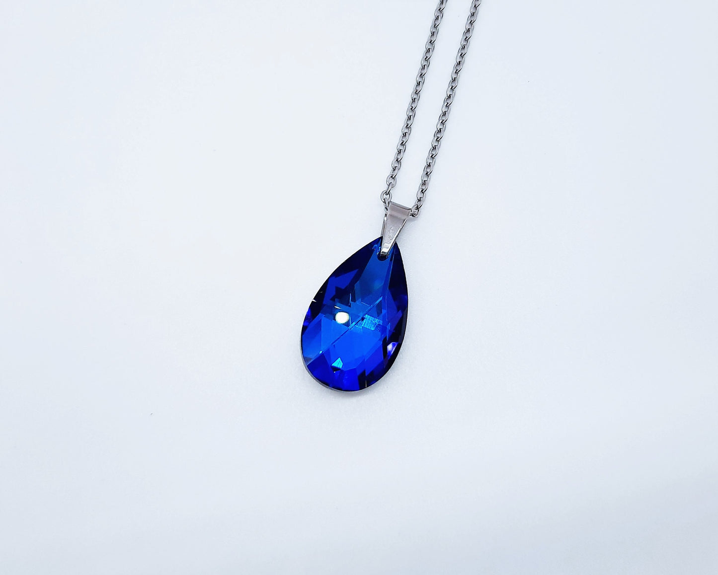 Handcrafted Multifaceted Bermuda Blue Teardrop Glass Rhinestone Pendant Necklace - Hypoallergenic Stainless Steel Chain - Blue Zircon Look