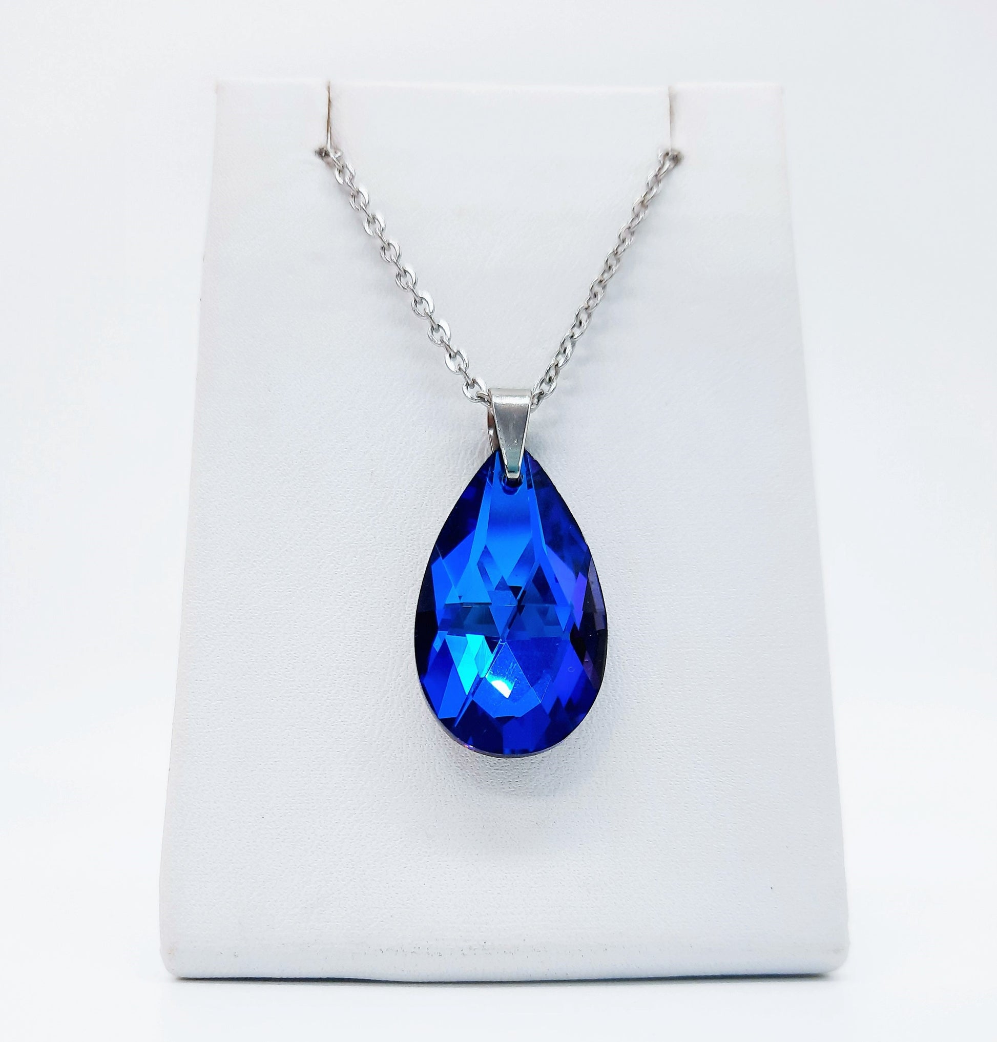 Handcrafted Multifaceted Bermuda Blue Teardrop Glass Rhinestone Pendant Necklace - Hypoallergenic Stainless Steel Chain - Blue Zircon Look