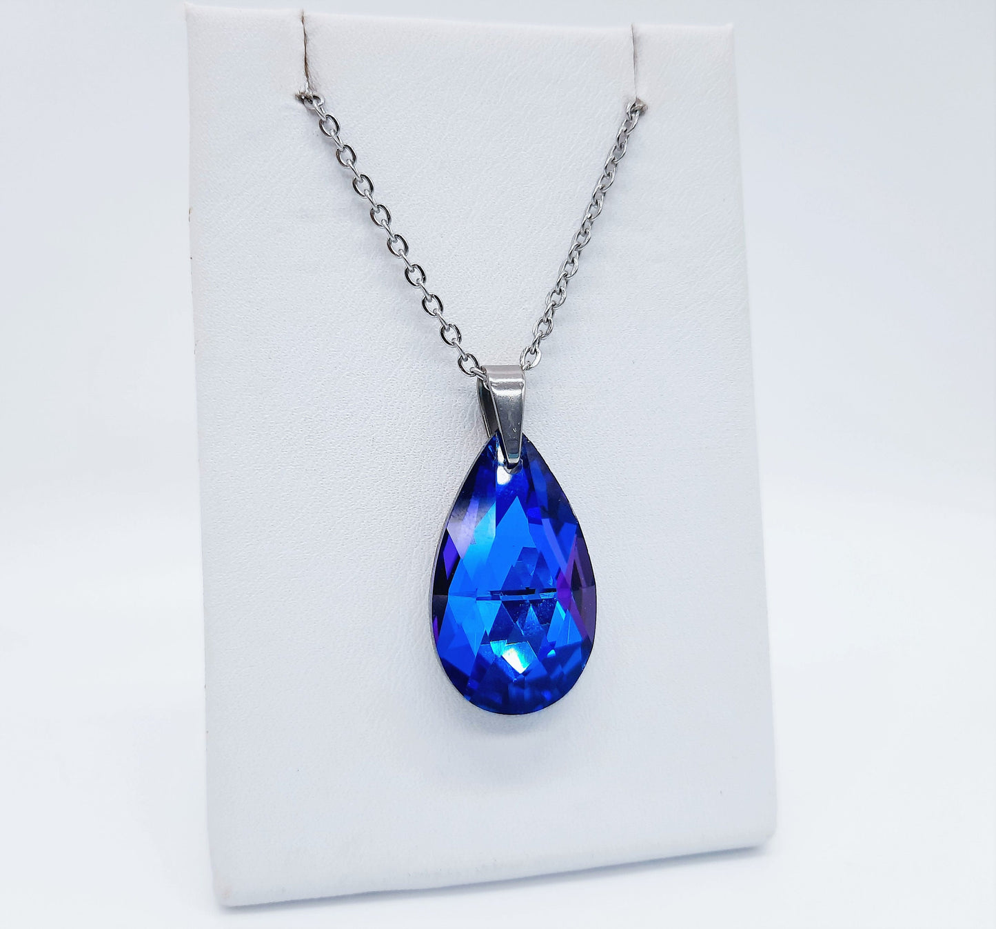 Handcrafted Multifaceted Bermuda Blue Teardrop Glass Rhinestone Pendant Necklace - Hypoallergenic Stainless Steel Chain - Blue Zircon Look