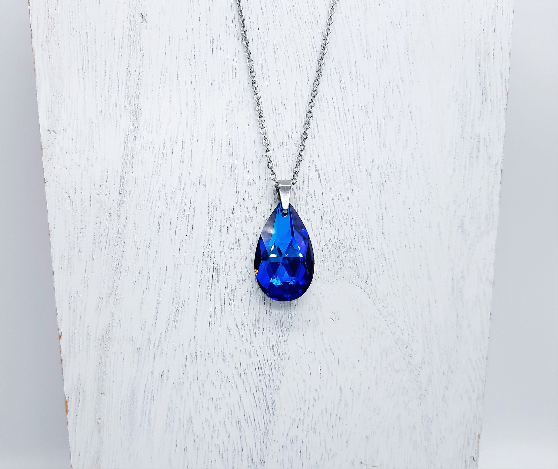 Handcrafted Multifaceted Bermuda Blue Teardrop Glass Rhinestone Pendant Necklace - Hypoallergenic Stainless Steel Chain - Blue Zircon Look