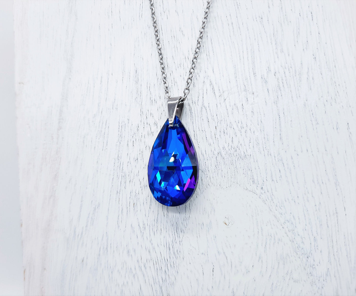 Handcrafted Multifaceted Bermuda Blue Teardrop Glass Rhinestone Pendant Necklace - Hypoallergenic Stainless Steel Chain - Blue Zircon Look