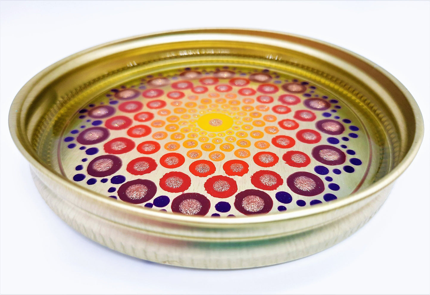 Eco-Friendly Dot Mandala Mason Jar Lid Coasters (Set of 4), Hand-painted, One of a Kind, Sealed with Resin