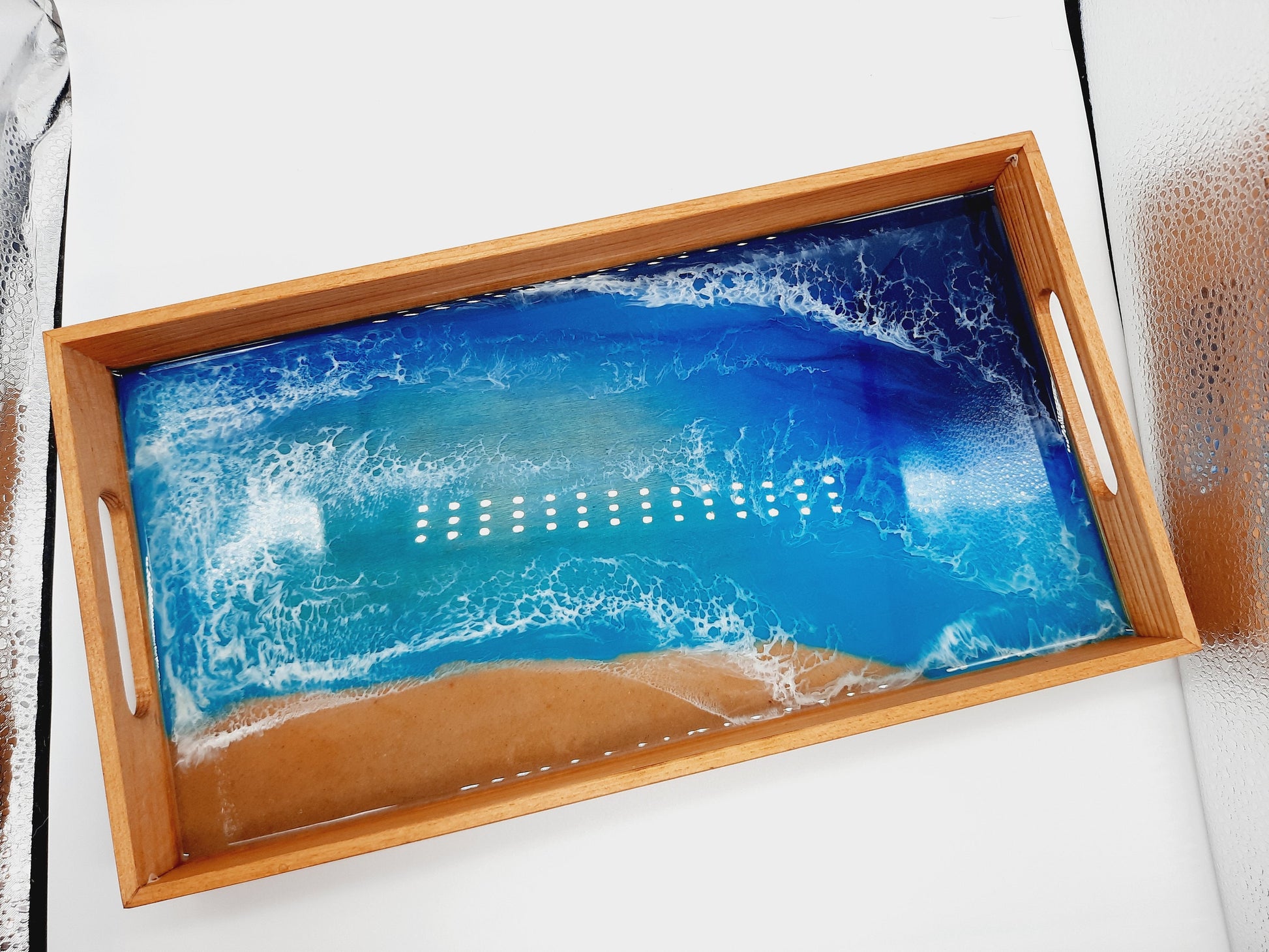 Handmade / Handpoured Eco-Friendly Epoxy Resin Seascape Coastal Wave Beach Scene Serving Tray - Made with Real Sand, Alcohol Inks, & Mica