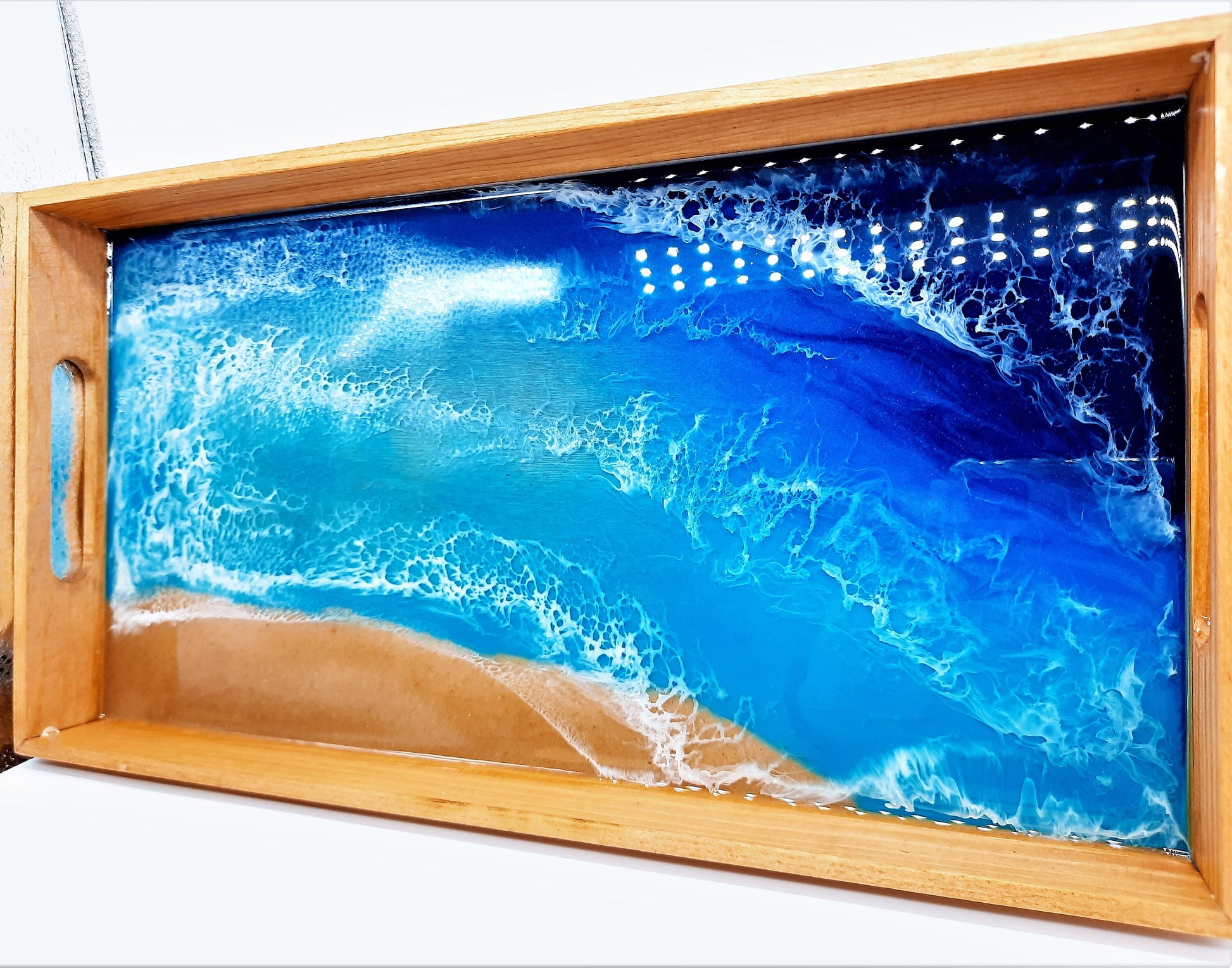 Handmade / Handpoured Eco-Friendly Epoxy Resin Seascape Coastal Wave Beach Scene Serving Tray - Made with Real Sand, Alcohol Inks, & Mica