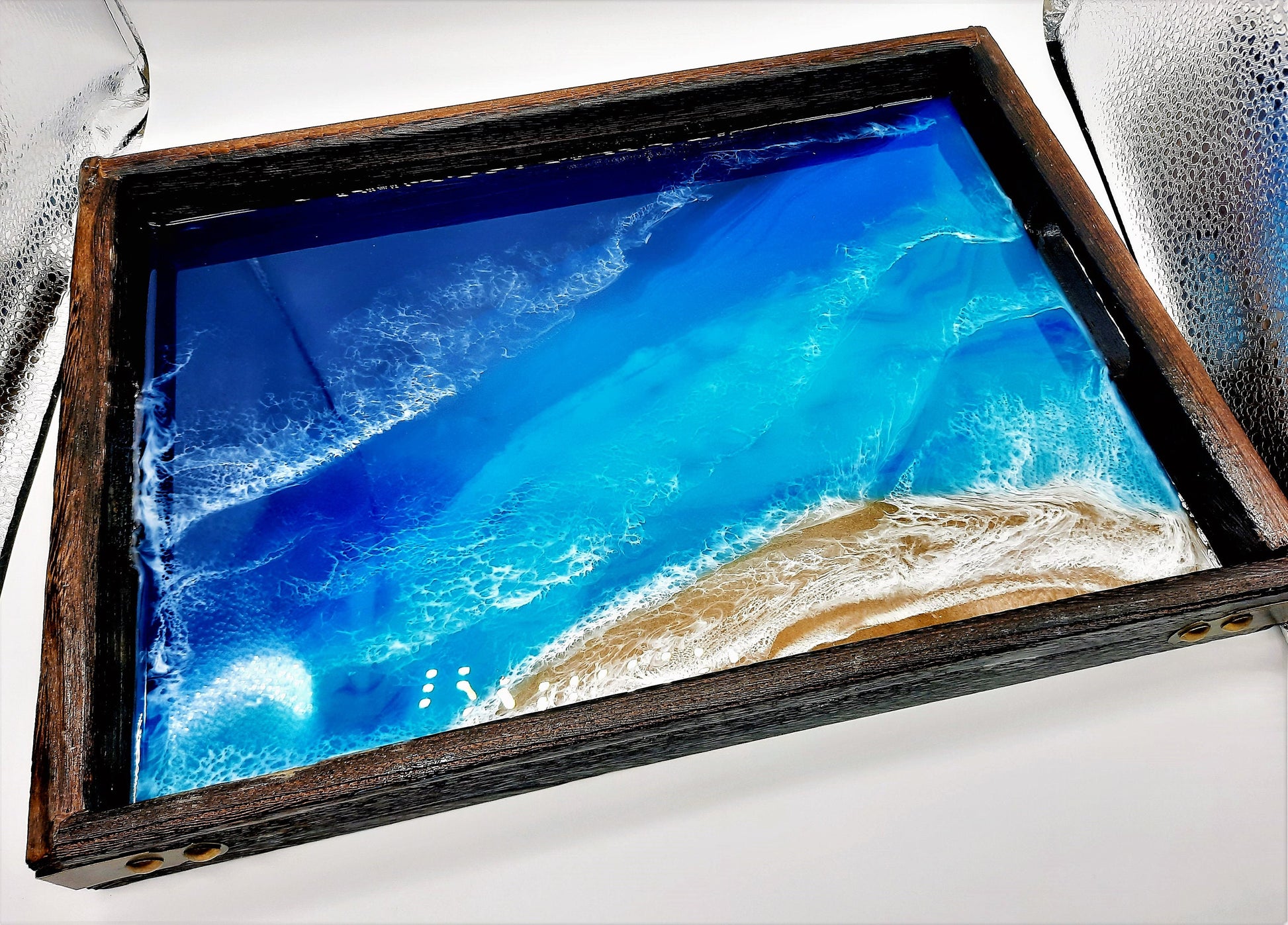 Handmade / Handpoured Eco-Friendly Epoxy Resin Seascape Coastal Wave Beach Scene Serving Tray - Made with Real Sand, Alcohol Inks, & Mica