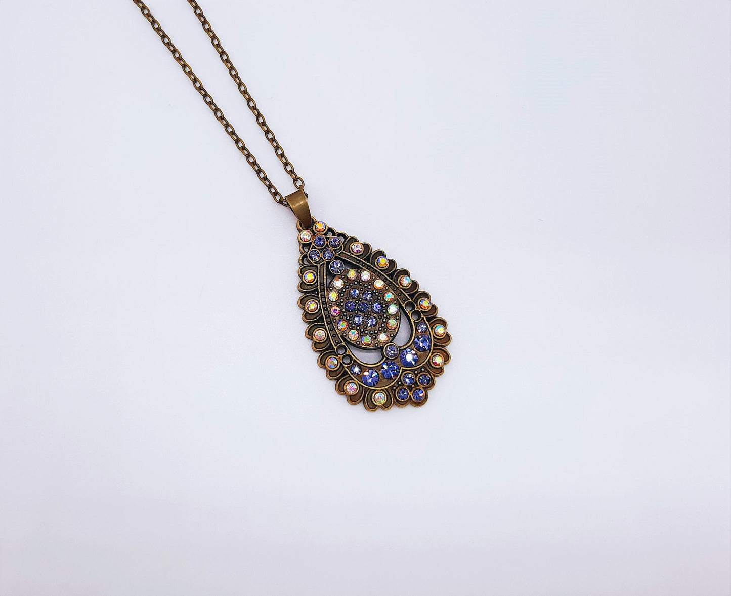 Handmade / Handcrafted Antiqued Brass / Bronze Aurora Borealis & Purple Rhinestone Intricate Filigree Teardrop Pendant Necklace